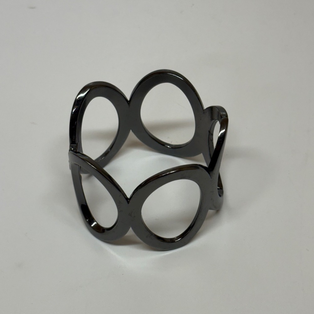 Gunmetal Grey Openwork Oval Cutout Hinge Cuff Bracelet Modernist